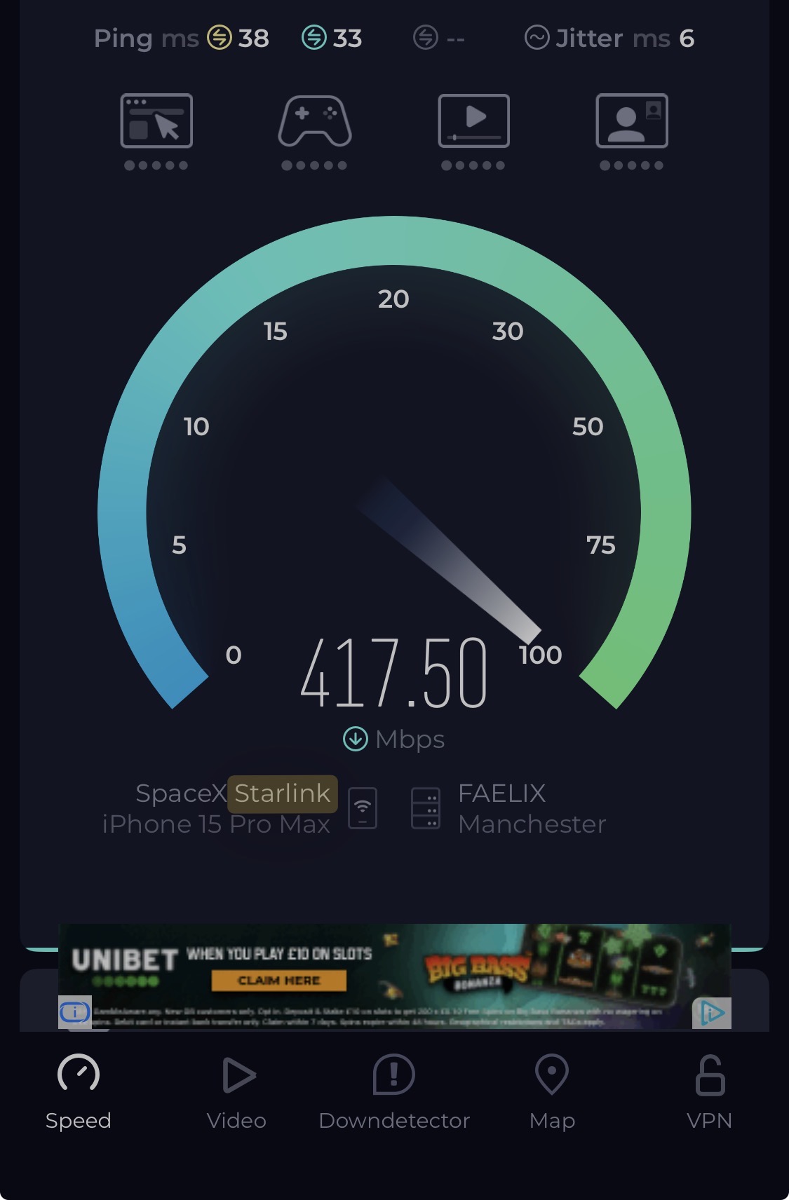 Speedtest screenshot — 417 Mbps